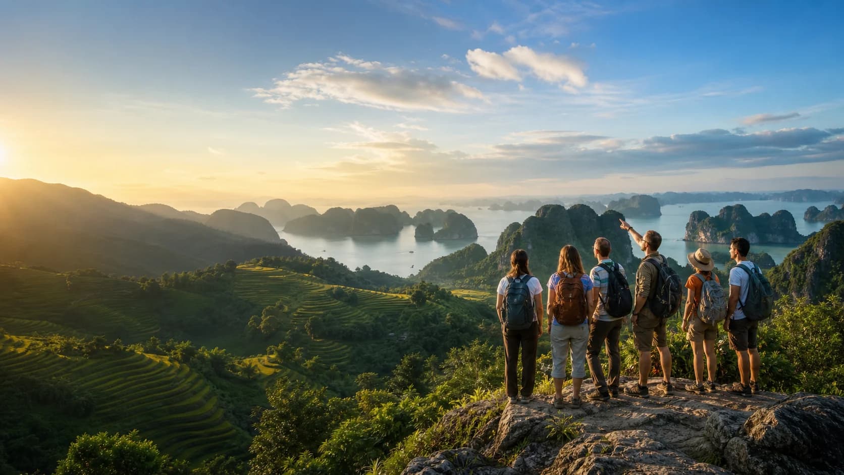 Nhóm du khách ngắm cảnh núi và vịnh