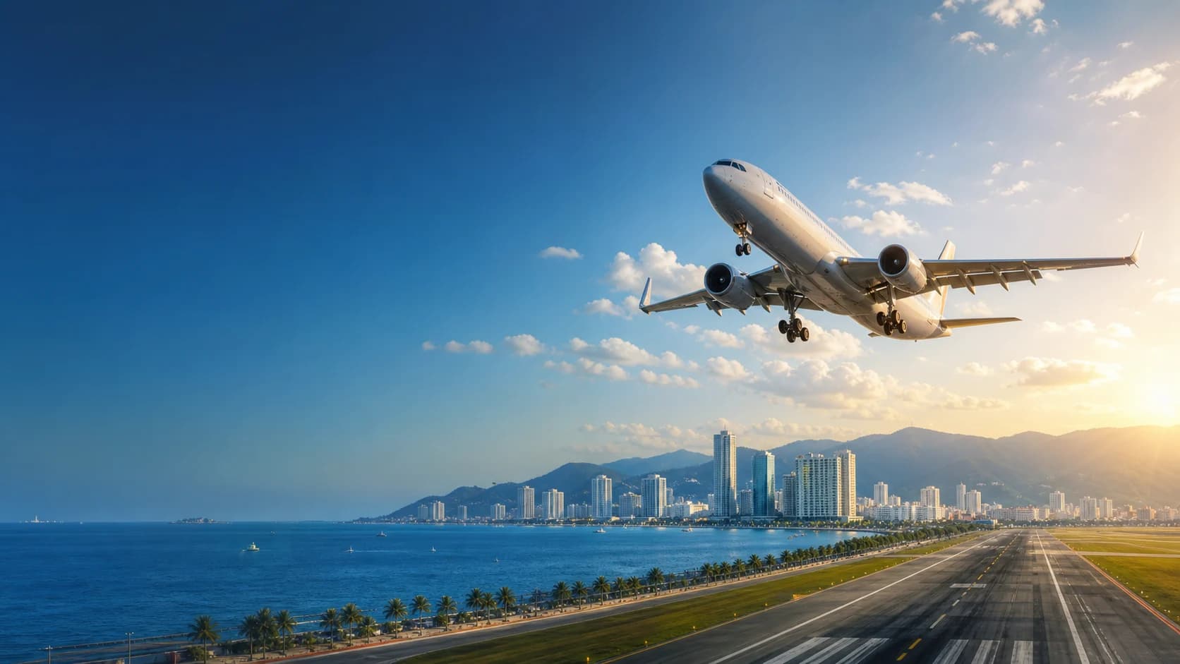 Máy bay cất cánh trên thành phố biển